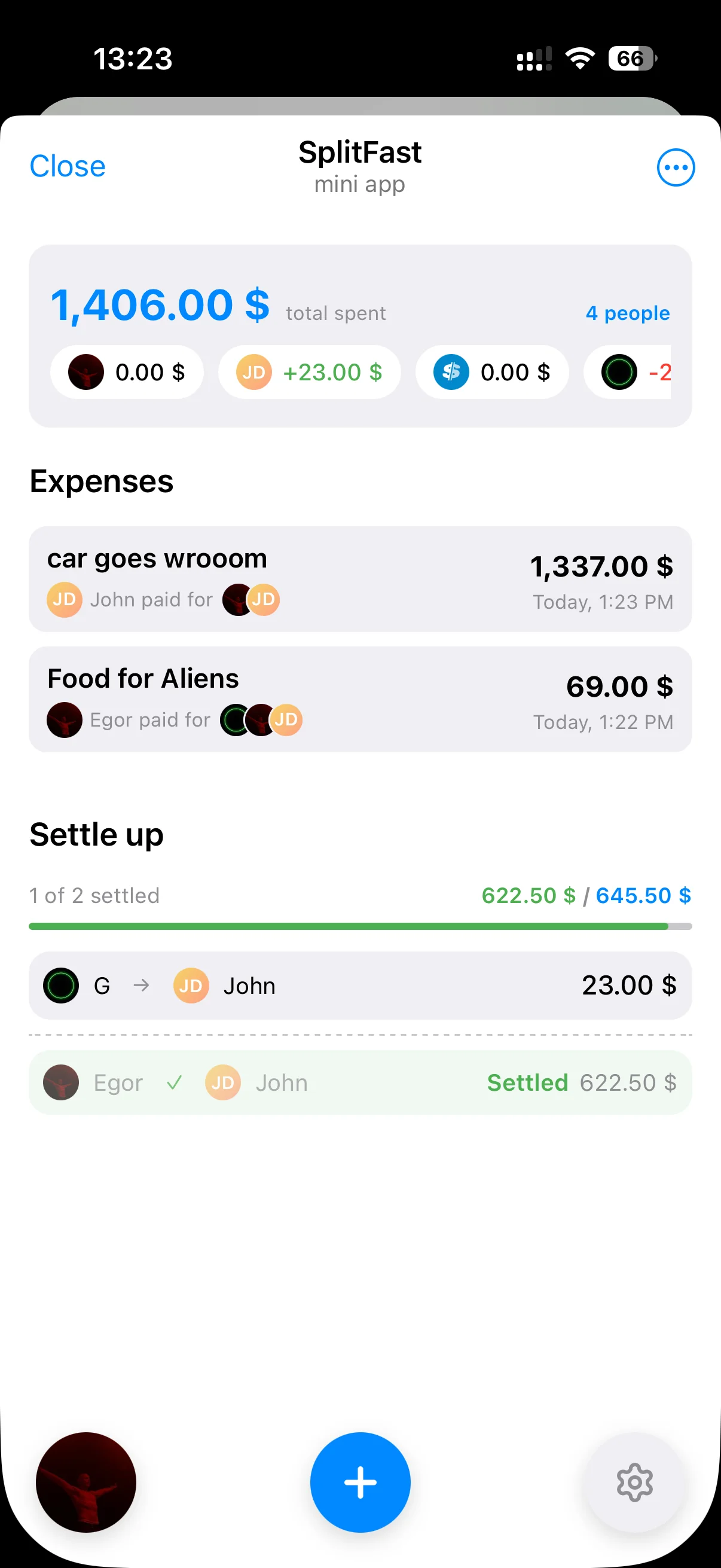 SplitFast expense tracker interface showing expense list, group member avatars, balance summary, and settle up options
