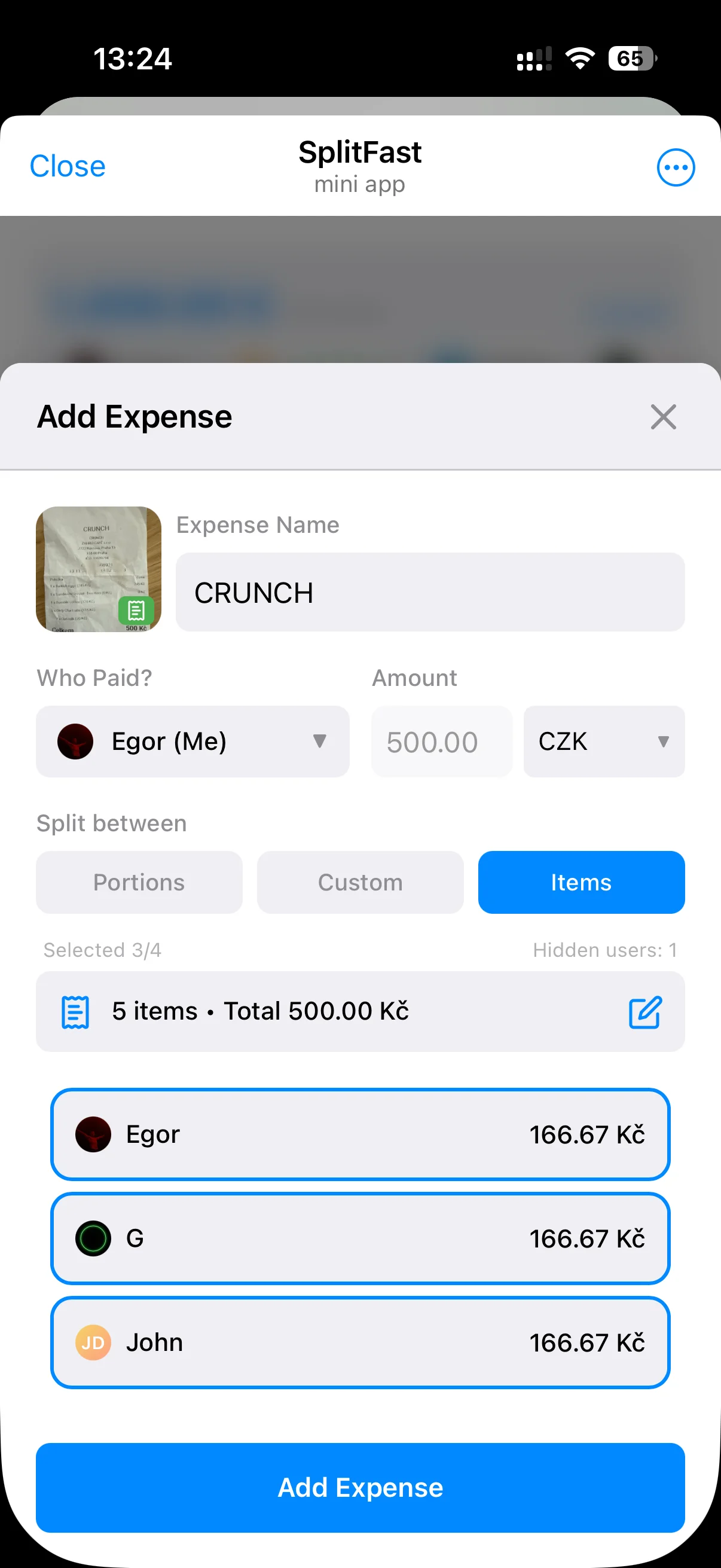 Add expense screen in SplitFast showing bill splitting methods: split equally, by portions, or custom amounts per person