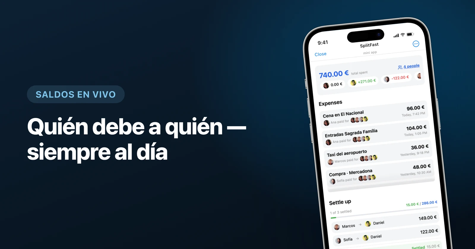 La Mini App de SplitFast con saldos y gastos del grupo en Telegram