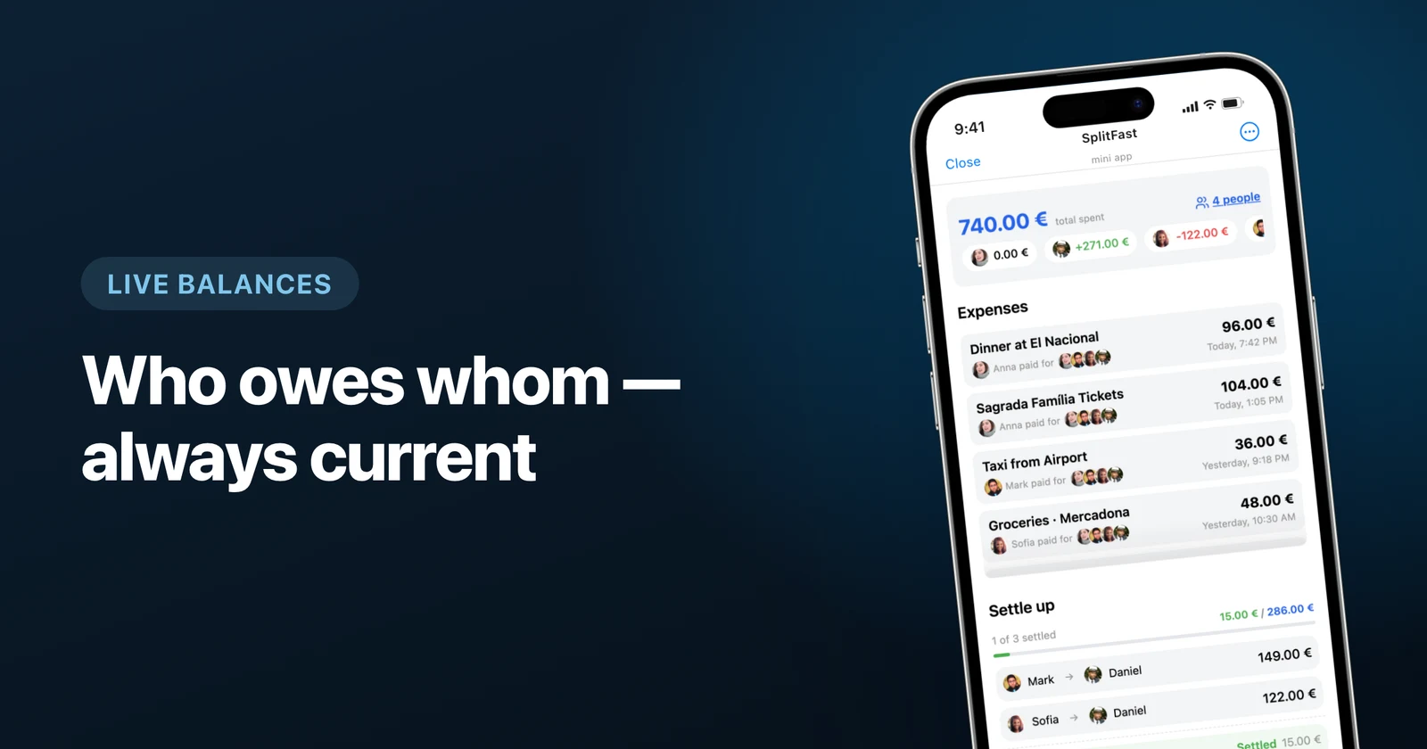 SplitFast Mini App with group balances and expenses in Telegram