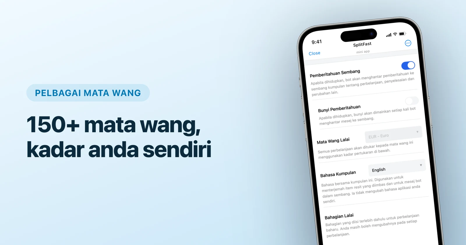 Skrin kadar pertukaran pelbagai mata wang dalam Mini App SplitFast