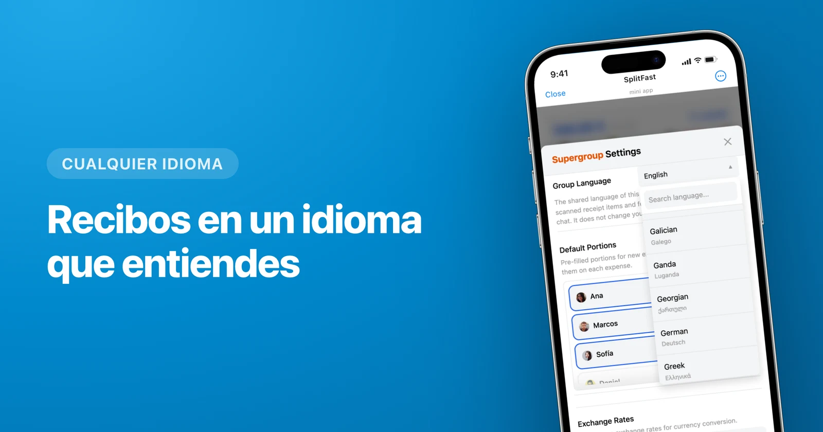 Selector de idioma de grupo en SplitFast dentro de Telegram