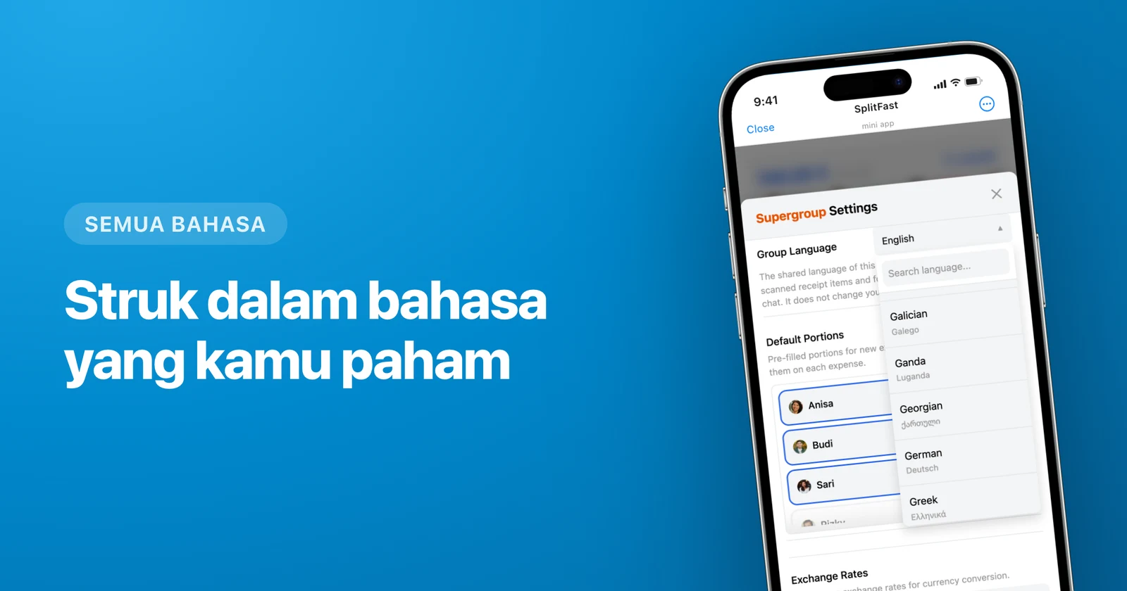 Pemilih bahasa grup di Mini App Telegram SplitFast, dipakai untuk menerjemahkan item struk hasil scan