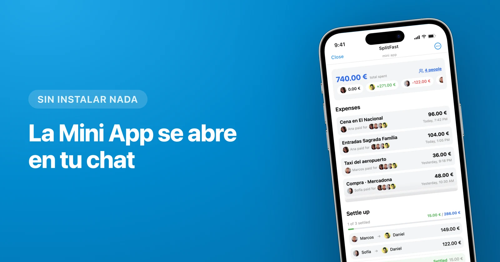 La Mini App de SplitFast mostrando los saldos de un viaje compartido en Telegram