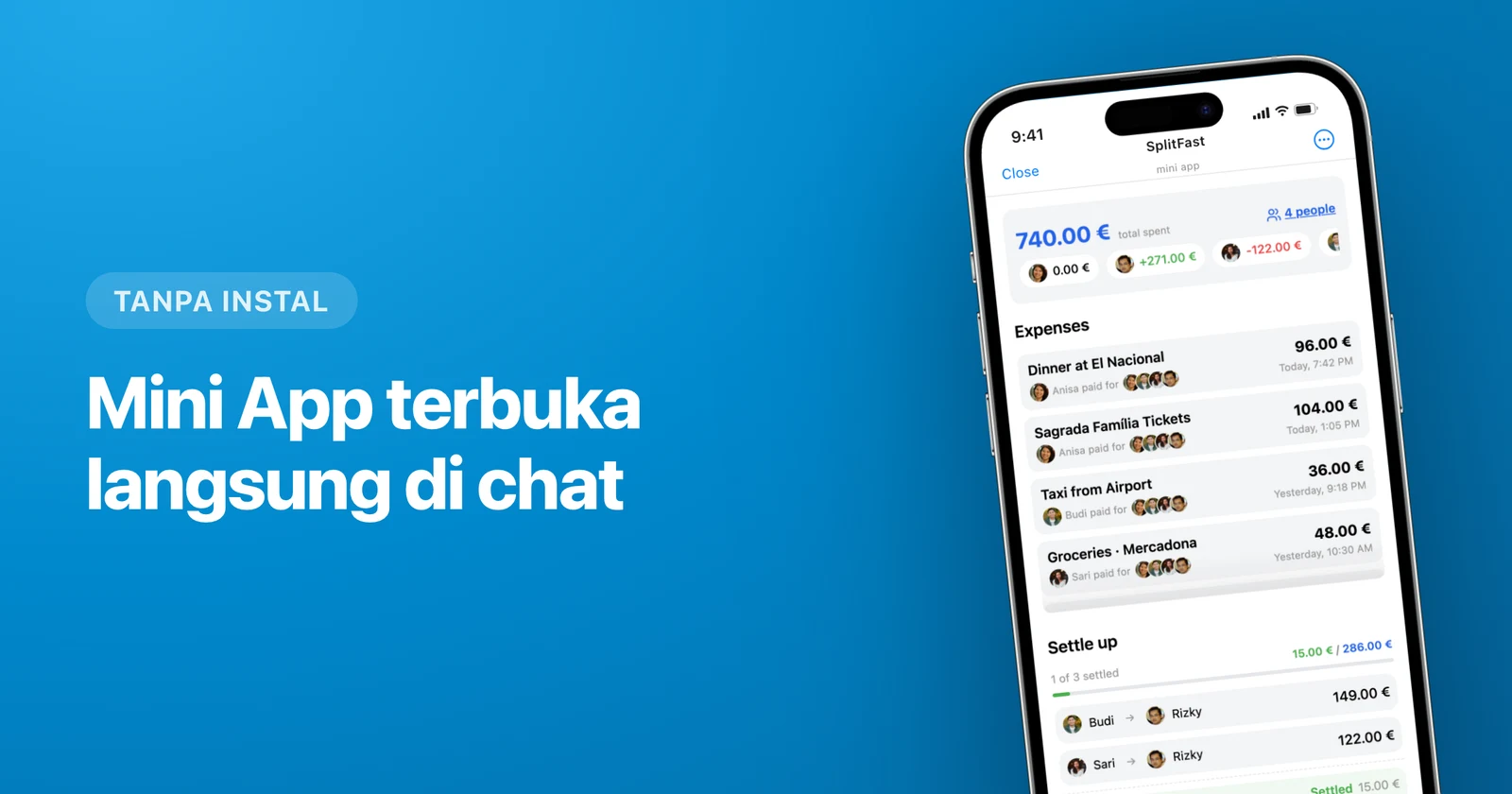 Mini App SplitFast menampilkan saldo perjalanan bersama di Telegram