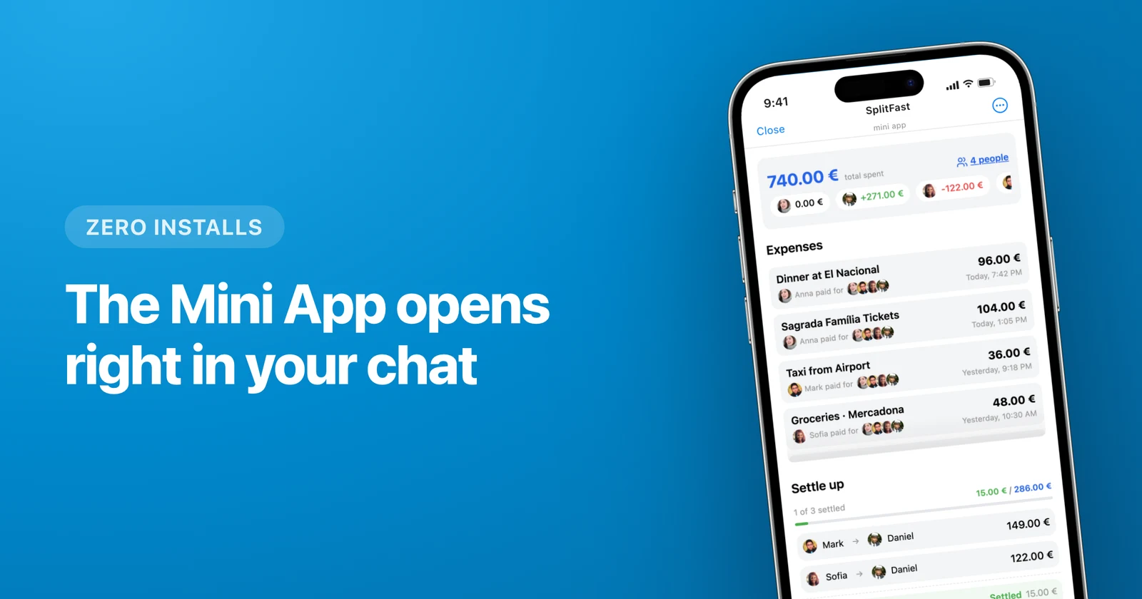 SplitFast Mini App open inside a Telegram group chat