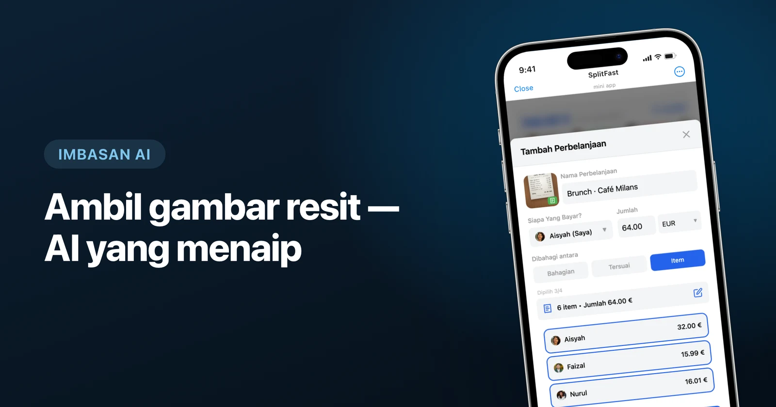 Imbasan resit AI dalam SplitFast: gambar resit bertukar menjadi perbelanjaan ikut item dalam Telegram