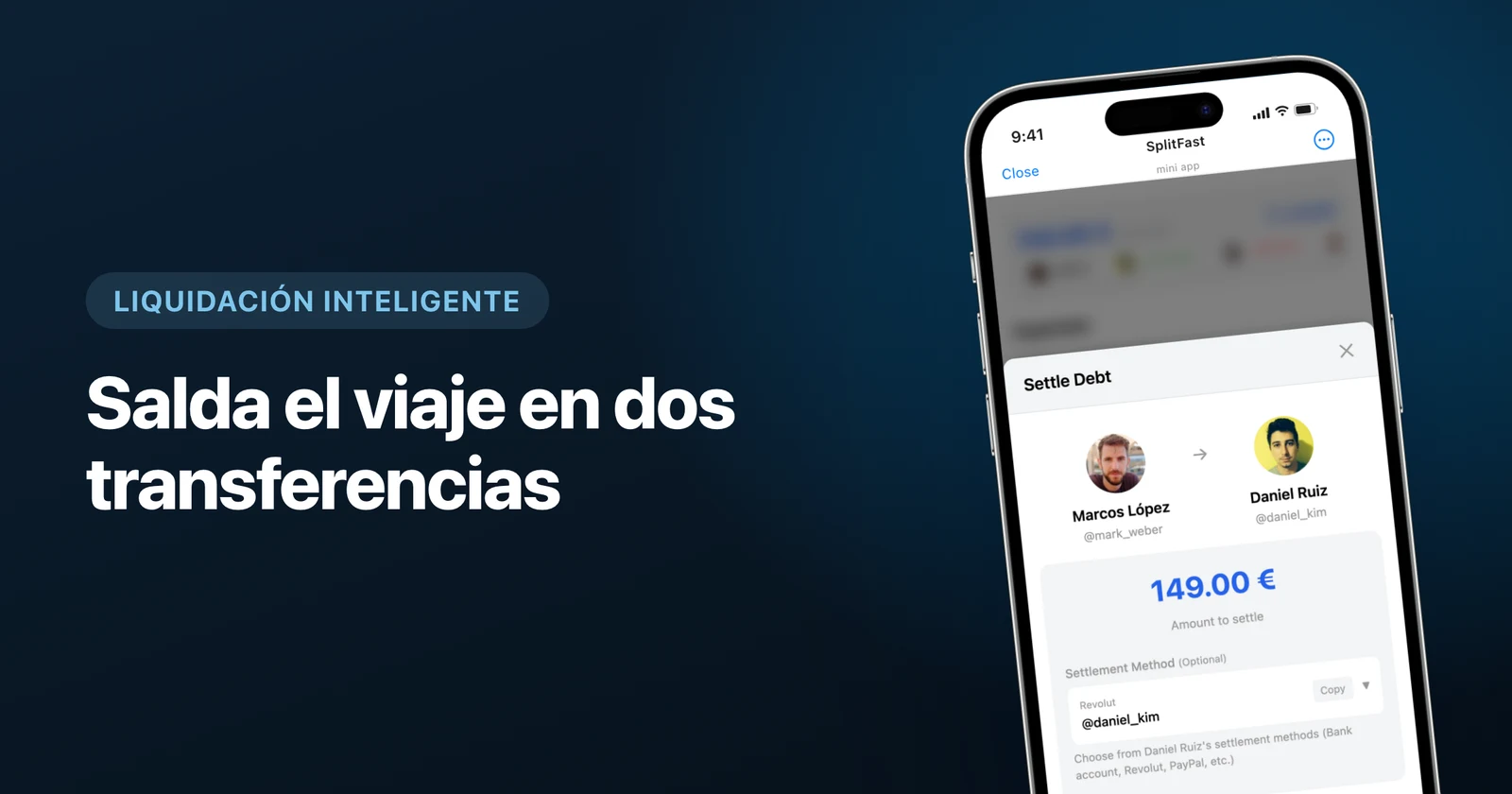 Pantalla de saldar cuentas en SplitFast que muestra quién le debe a quién y un botón Marcar como saldada