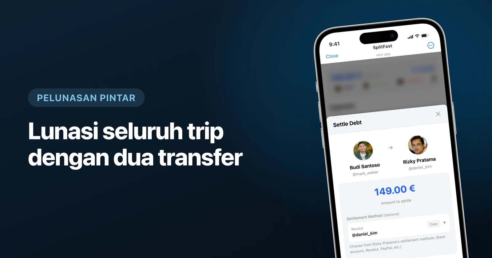 Layar pelunasan di SplitFast menampilkan siapa utang siapa dan tombol Mark as Settled
