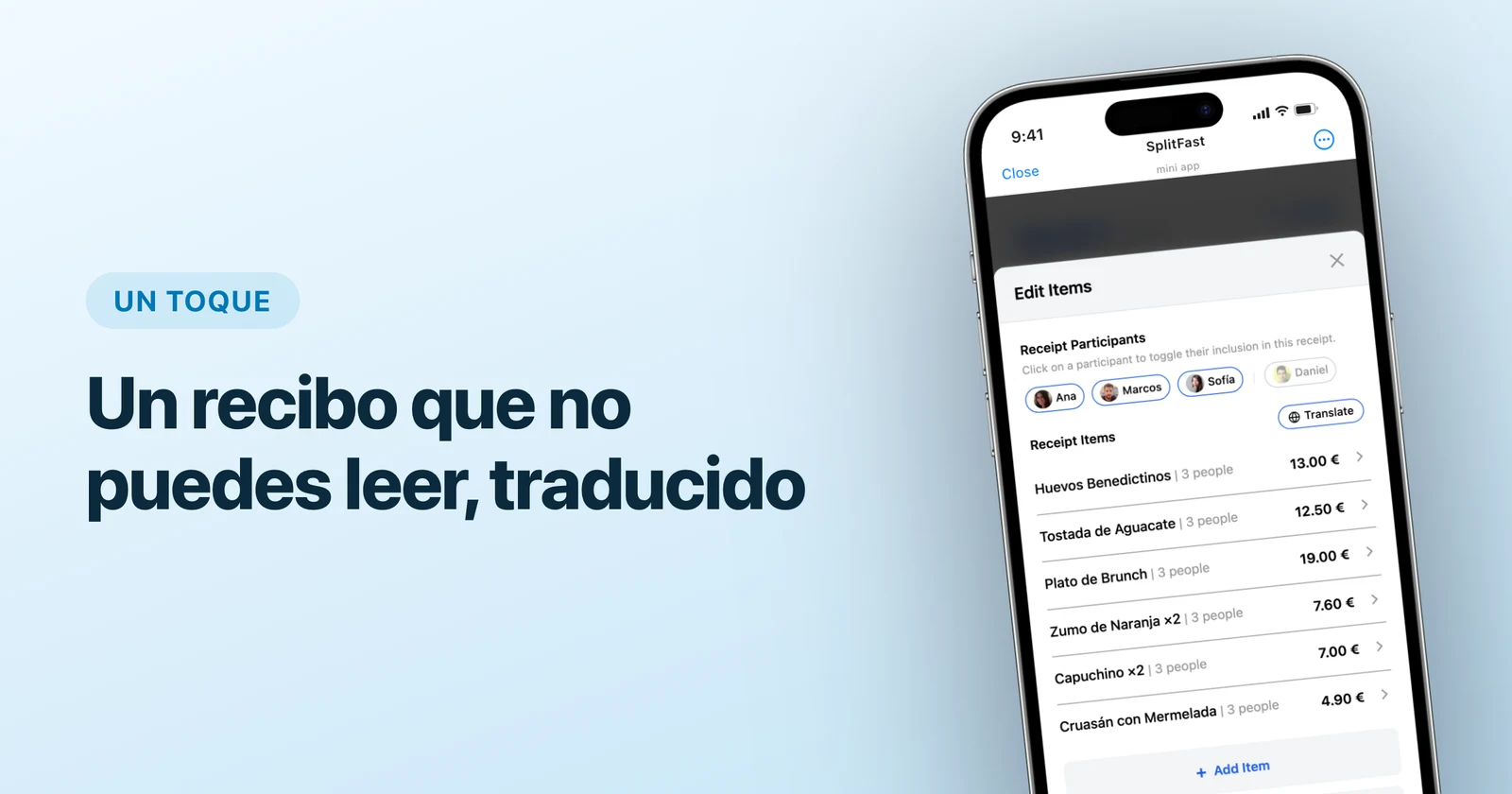 Artículos de un recibo en español en la Mini App de SplitFast en Telegram, con el botón Traducir
