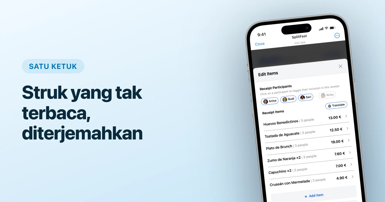 Item struk berbahasa Spanyol di Mini App Telegram SplitFast dengan tombol Terjemahkan