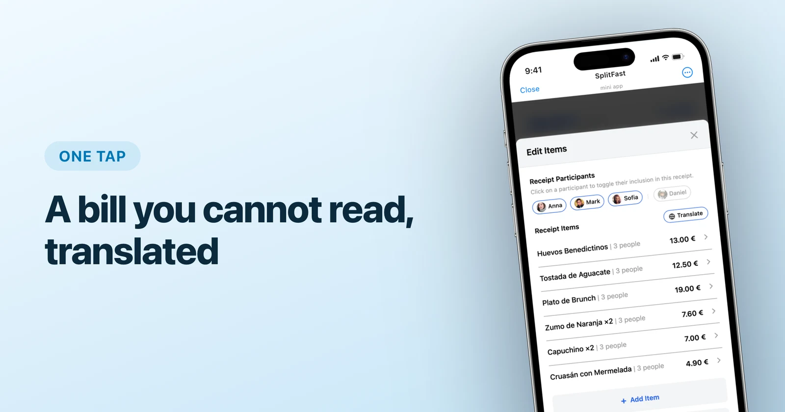 Spanish receipt items in the SplitFast Telegram Mini App with the Translate button