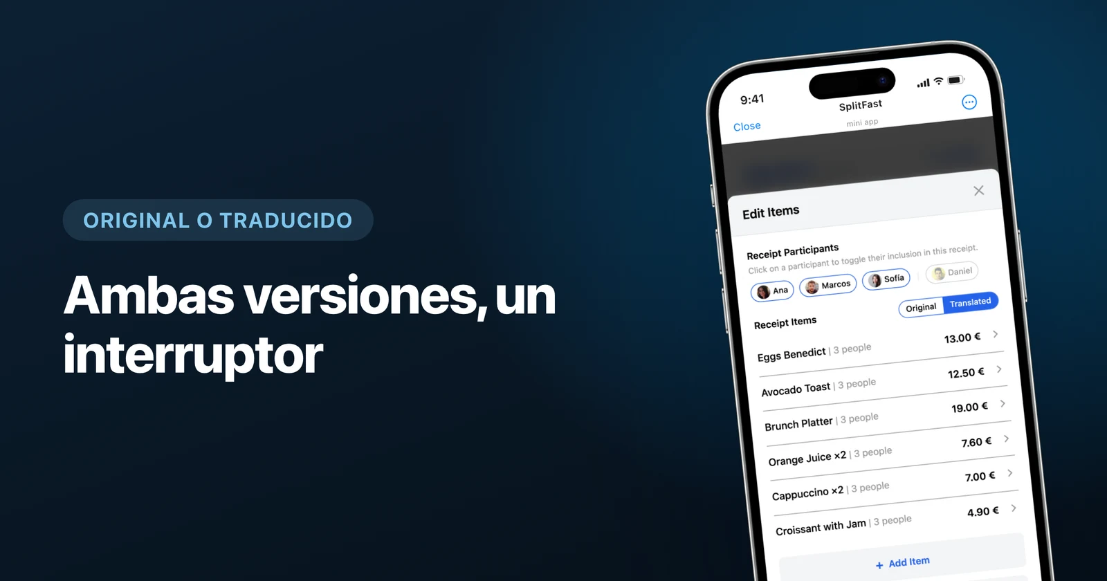 Artículos del recibo traducidos al idioma del grupo, con el interruptor entre original y traducción