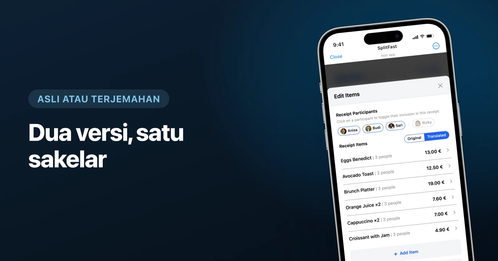 Item struk yang sudah diterjemahkan ke bahasa grup, dengan sakelar asli/terjemahan