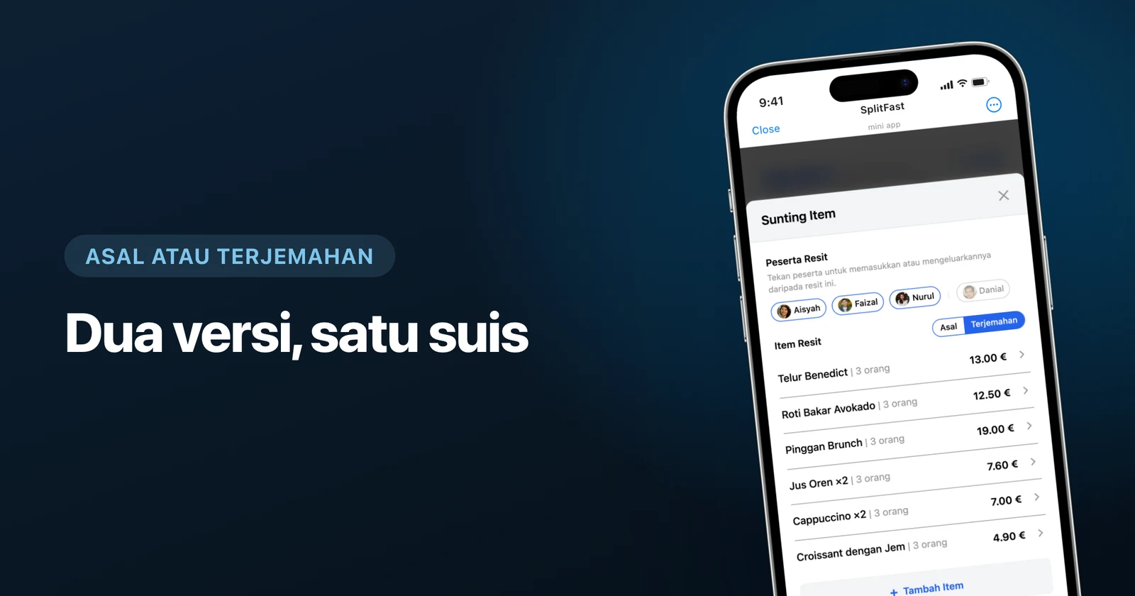 Item resit diterjemah ke bahasa kumpulan dengan suis asal/terjemahan