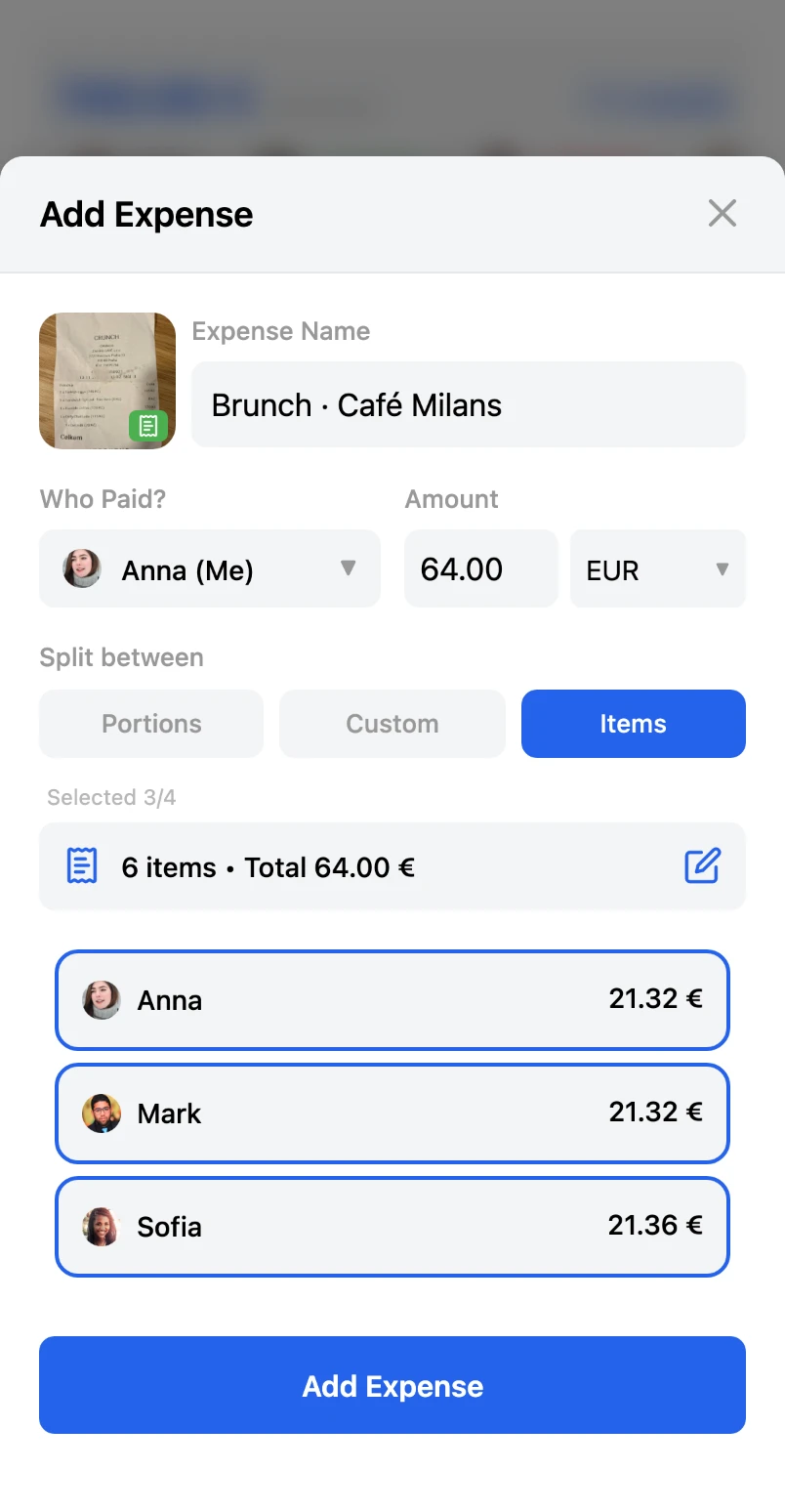 Adding an expense in SplitFast with AI receipt scanning and split by items